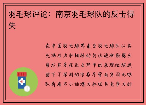 羽毛球评论：南京羽毛球队的反击得失