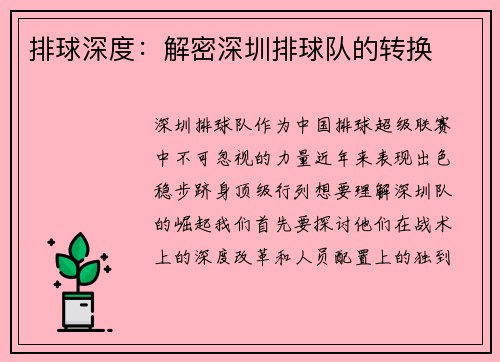 排球深度：解密深圳排球队的转换